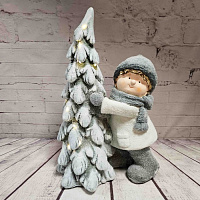 Фигура новогодняя с подсветкой из грубой керамики Мальчик и новогодняя елка, 31x20x50 см