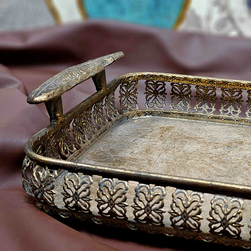 Блюдо ВОСТОК, с ручками-перьями,  цвет античная позолота, металл, 51*23.5*9 см