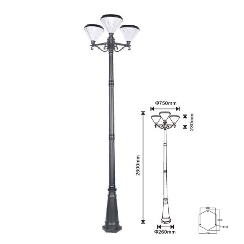 Парковый солнечный светильник на 3 плафона со столбом 260 см