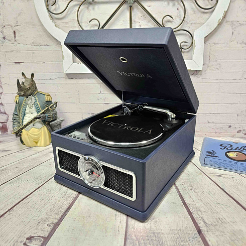 Виниловый проигрыватель, фонограф VICTROLA MADISON + CD/FM/BT ретро стиль, цвет синий