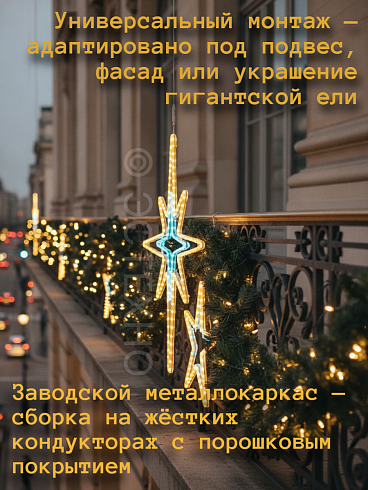 Двухцветное светодиодное уличное панно ESTECHNO Вифлеемская Звезда на кованом балконе с хвойной гирляндой