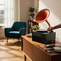 Виниловый проигрыватель RETRO STYLE 33/78/45 об/мин, + FM/BT/USB, цвет чёрный