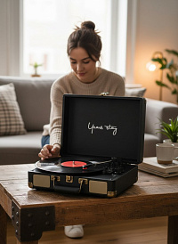 Переносной виниловый проигрыватель, 33/78/45 об/мин, +BT/AUX/LINE/USB, цвет чёрный