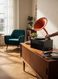 Виниловый проигрыватель RETRO STYLE 33/78/45 об/мин, + FM/BT/USB, цвет чёрный