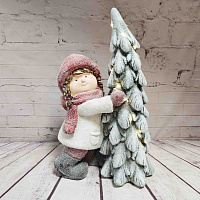 Фигура новогодняя с подсветкой из грубой керамики Девочка и новогодняя елка, 31x20x50 см