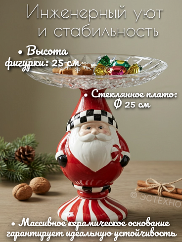 Новогодняя статуэтка-этажерка ESTECHNO: Дед Мороз Купеческий» (Керамический декор ручной росписи со стеклянным блюдом Ø 25 см)