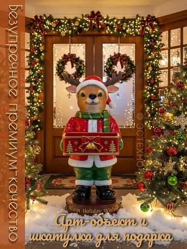 Новогодняя статуэтка-конфетница ESTECHNO «Warm Holiday Wishes» (Рождественский Олень, 3D полистоун) с доставкой по РФ
